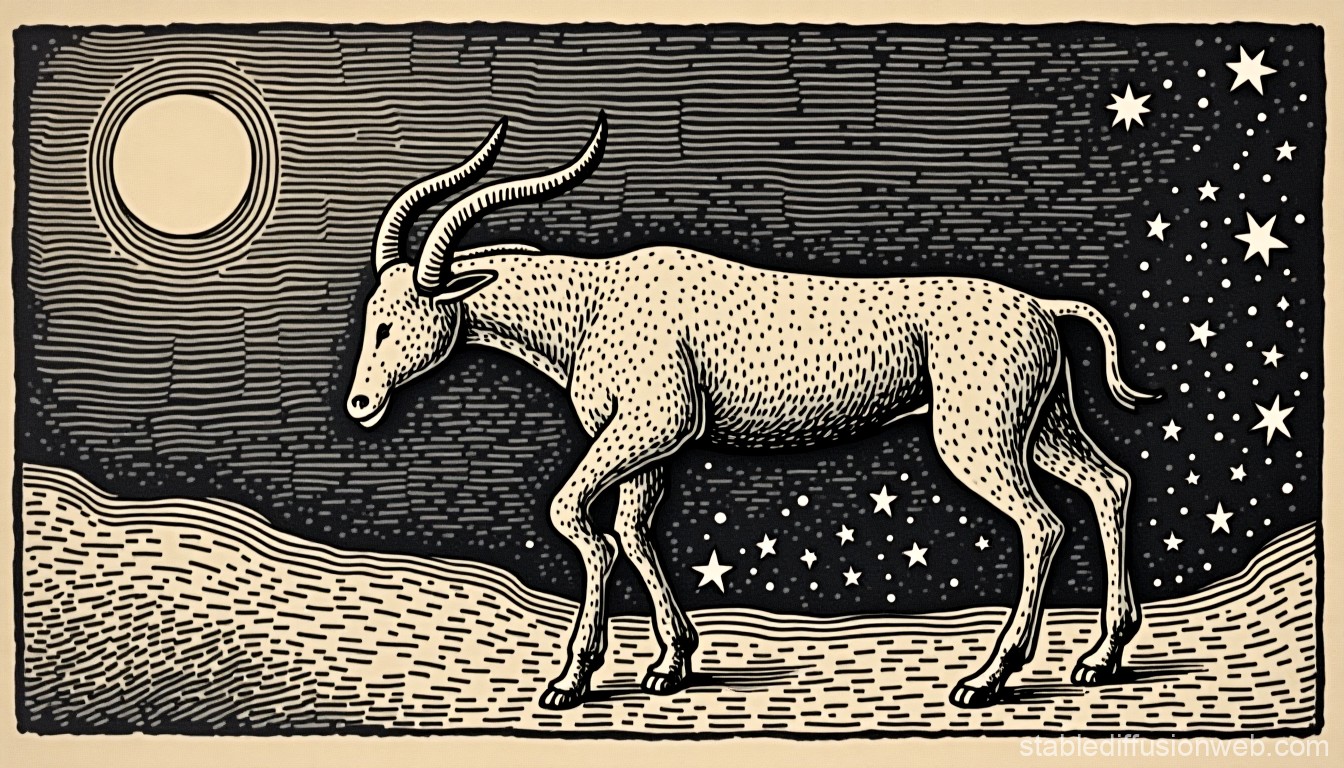 Another goat-looking creature wandering about the desert under a starlit sky.